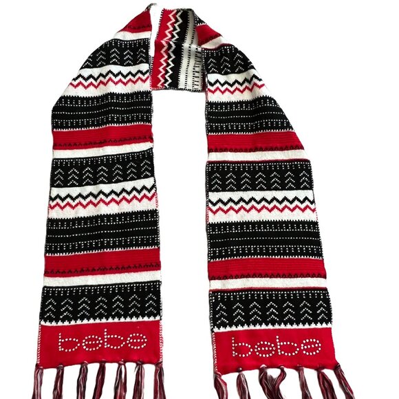 BEBE Women's Multicolor Plush Scarf Silver Rhinestone Logo 80x10 Cozy Warm - Picture 1 of 2